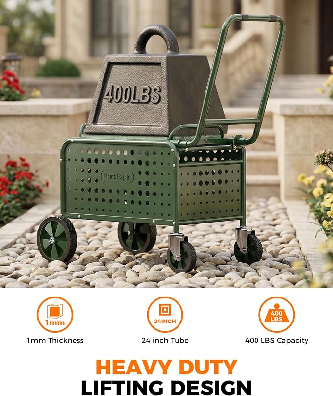 Rolling Garden Work Seat with Wheels, Upgraded Heavy Duty Cart for Seniors with Rotatable 360-Degree Wheels and Extended Handle, Garden Seat with Wheels for Lawn, Patio & Backyard Gardening, Green