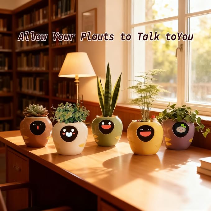 Smart Plant Pot with Expression, AI Intelligent Flower Pot for Indoor Decoration, Smart Garden Pot with Water/Light/Temperature Sensors, Ivy AI Planter (White（Big）)