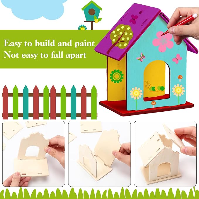 Feifeiya 24 Sets DIY Birdhouse Wind Chime Kit Build and Paint Birdhouses Wooden Arts 24 Unfinished Wooden Bird House 24 Wind Chime 38 Butterfly Sticker 24 Watercolor Arts for Activity(Elegant)