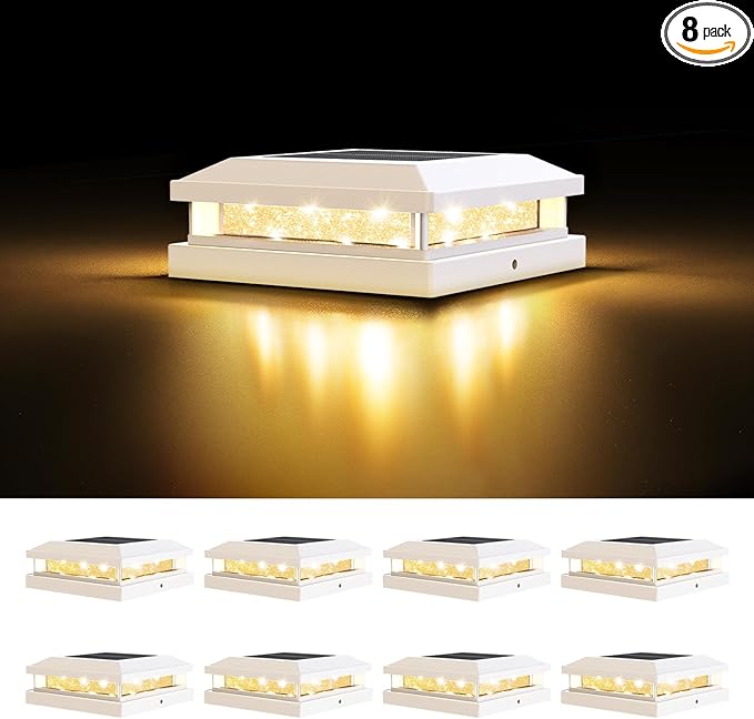 Brightever 4x4 Solar Post Cap Lights Outdoor, Waterproof Solar Powered Deck Lights for 5x5 Wooden/Vinyl Post, Outside White Fence Light with 16LEDs Warm/Cool Lighting in Garden, Patio, Porch, 8-Pack