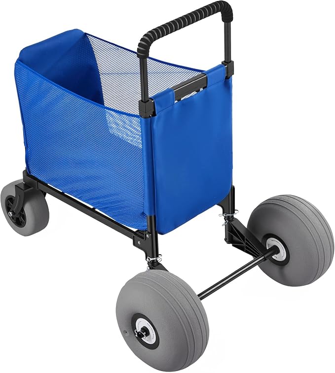 VEVOR Beach Cart, 165LBS Load Capacity, Portable Folding Beach Wagon Dolly with 12" Balloon Wheels for Sand, Storage Bag & 4-Level Adjustable Height for Outdoor Camping Fishing