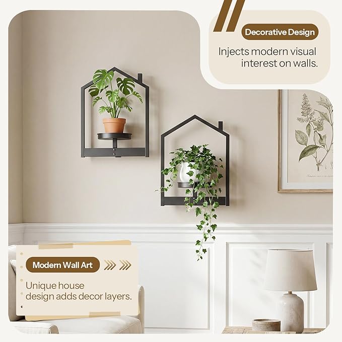 HOOBRO Hanging Planters for Indoor Plants, Wall Plant Holder Set of 2, Plant Hanger Indoor Window Plant Shelves, Metal Frame, Space Saving, for Living Room Outdoor Entryway, Black BK08HJP201
