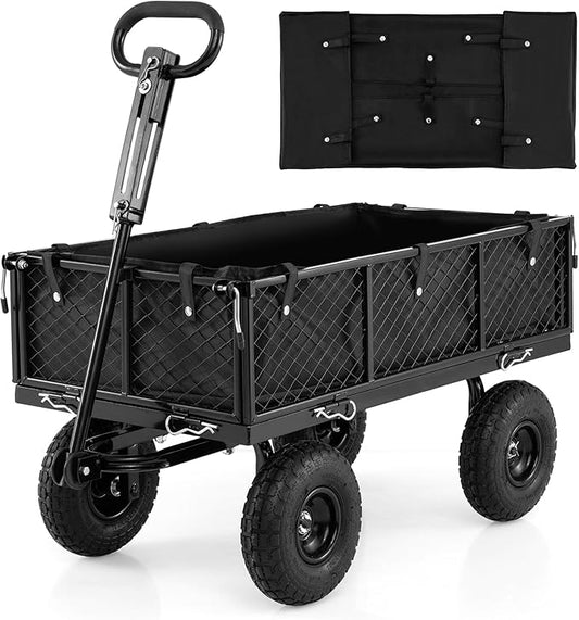 Goplus 880lbs Heavy Duty Garden Cart, Metal Utility Wagon Cart with Removable Oxford Cloth Liner & Mesh Sides, 10" Pneumatic Tires, 180° Rotating Handle for Yard, Lawn