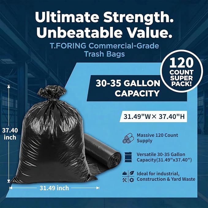 30-35 Gallon Trash Bags Unscented, 32'' x 37'', Black, 120 Count | Large 30+ Gal Garbage Bag,Plastic Can Liners,Fit 112 - 131 Liter Bins,Multipurpose for Home,Commercial Use,Yard Waste,Bulk