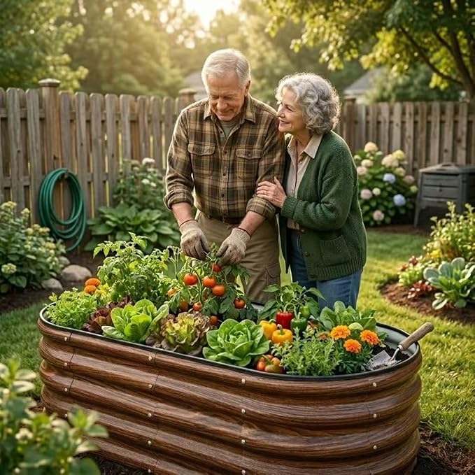 SnugNiture 4x2x1.5ft Raised Garden Bed Outdoor, 17" Tall Galvanized Metal Planter Box, Oval Raised Garden Bed Kit for Planting Vegetables Plants Fruits, Brown