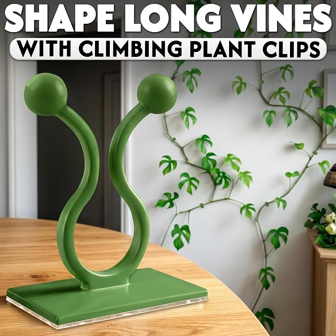 100 Pcs Plant Clips for Climbing Plants - Plant Wall Clips, Green Self-Adhesive Vine Wall Clips for Pothos, Ivy, String of Hearts, Indoor Outdoor Plant Support Hooks, No-Nail Climbing Plant Holder Set