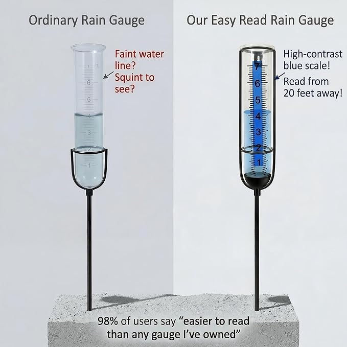 Rain Gauge Outdoor Plastic Garden: High-Contrast Blue Scale Read 20Ft, Shatterproof -30°F, Stable Stake Won't Tip, Easy Install for Lawn Yard Patio