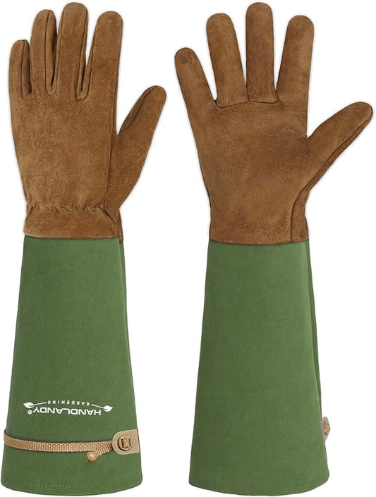HANDLANDY Long Gardening Gloves for Men & Women, Pigskin Leather Rose Pruning Gloves, Breathable Thorn Proof Gauntlet Glove (Moss Green, L)