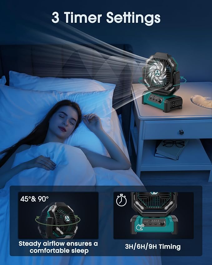 ONLYNEW Camping Fan 20000mAh Portable Fans USB C Rechargeable Battery Powered Fan with LED Lantern & Remote, Oscillating,Timer, Remote Auto, Hook for Tents Travel Outdoor Camp Beach Home Gifts Green