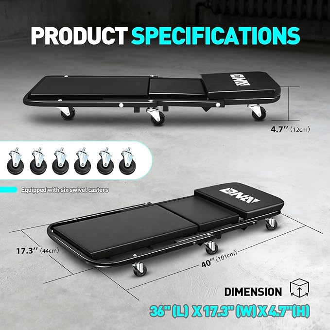 DNA Motoring 40 Inches Folding 2 in 1 Rolling Z Creeper, Adjustable Roller Garage Chair Lay Down or Sit, 6 Pcs 2" Casters, 150kg Weight Capacity, Black, TOOLS-00494