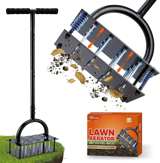 Bluesea Lawn Aerator Tool - 16 Iron Spikes with Ergonomic T-Handle, Automatic Dirt Clean for Soil Loosening & Yard Aeration, Manual Metal Grass Aerator (Black)