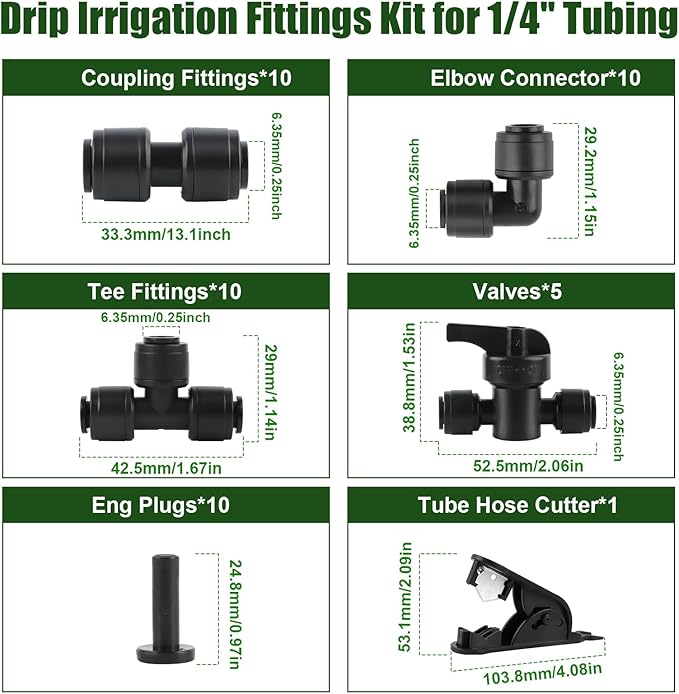 Kalolary 46PCS Quick Connect 1/4" Drip Irrigation Fitting Kit, 1/4'' Drip Line Push-to-Fit Connectors Leak Free Fitting Set with 10 Tees, 10 Couplings, 10 Elbows, 5 Valves, 10 End Plugs &1 Hose Cutter