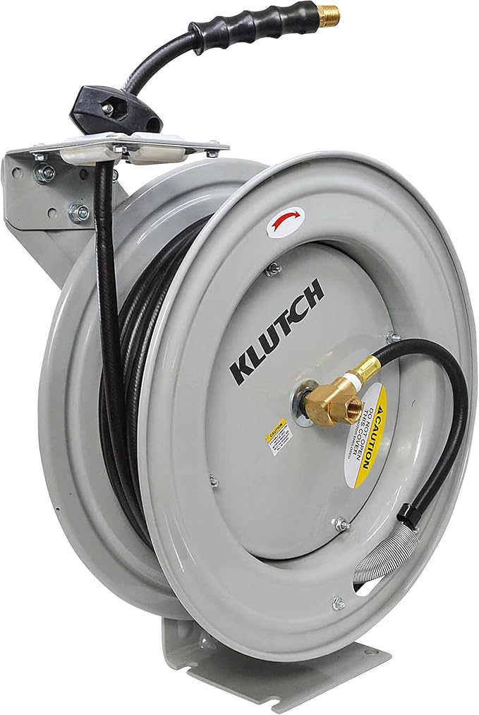 Klutch Auto-Rewind Air Hose Reel with 1/2-Inch x 50-Foot Rubber Hose - 300 PSI Max, Gray Wall-Mount Reel for Pneumatic Air Tools