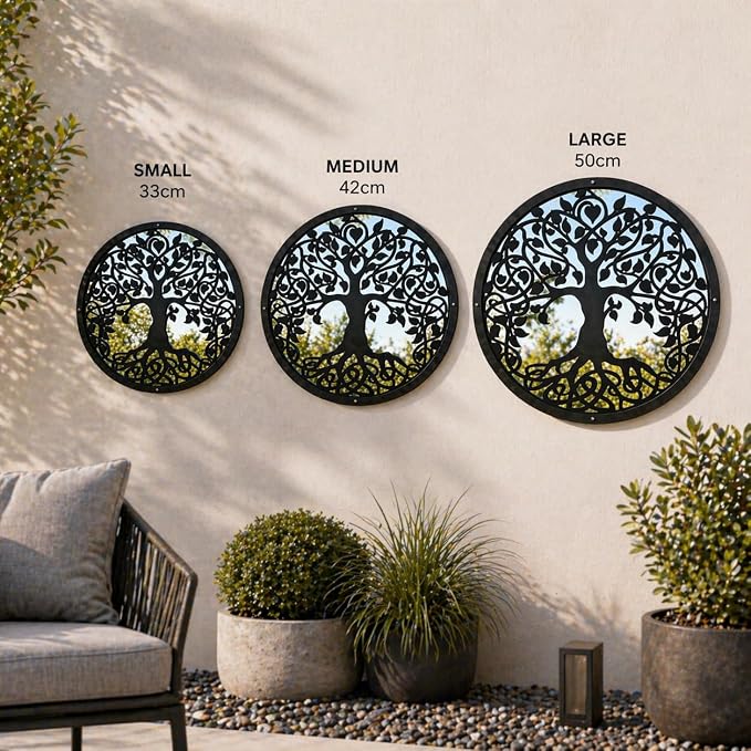 Sun Catcher Garden Decor Tree of Life Garden Mirror 50cm, 19.6 Inches Diameter Round Framed Mirror Outside Back Acrylic Fixings Included, Colour:Black