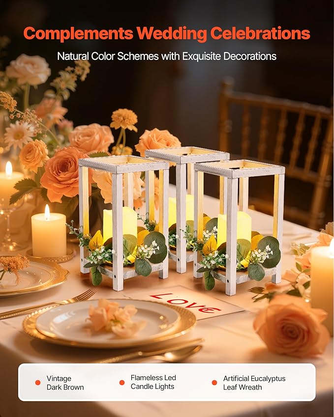 VEVOR 12 Set/36 Pcs Wooden Wedding Lantern Centerpiece, Includes 12 Wooden Lantern Candle Holder 12 Flameless LED Candle 12 Eucalyptus Leaves Wreath for Wedding Table Party Farmhouse Decor, White