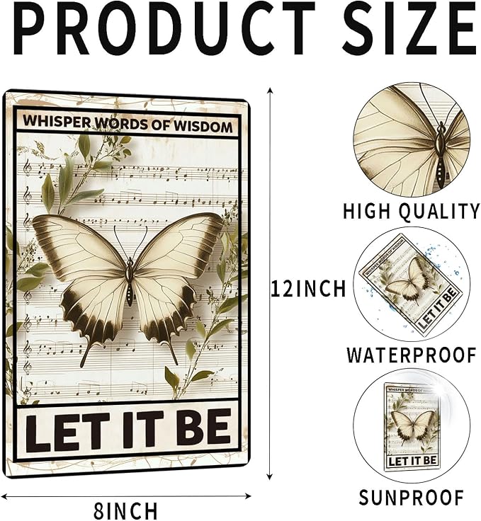 Vintage Butterfly Tin Sign Whisper Words Of Wisdom Let It Be Metal Sign Aluminum Sign Wall Decor for Cafe Home Office Bar Yard Garden Outdoor 12×8 Inch