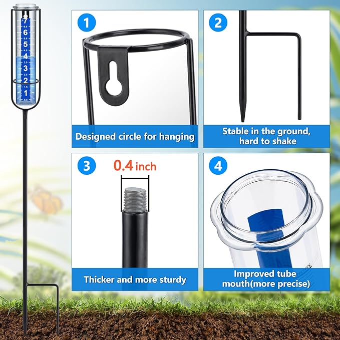 Rain Gauge Outdoor, Rain Gauges Outdoors Best Rated, Accurate Rain Measure Gauge for Garden, Thickened Tube Rain Meter with Stake, Adjustable Height & Large Font Water Gauge for Rain