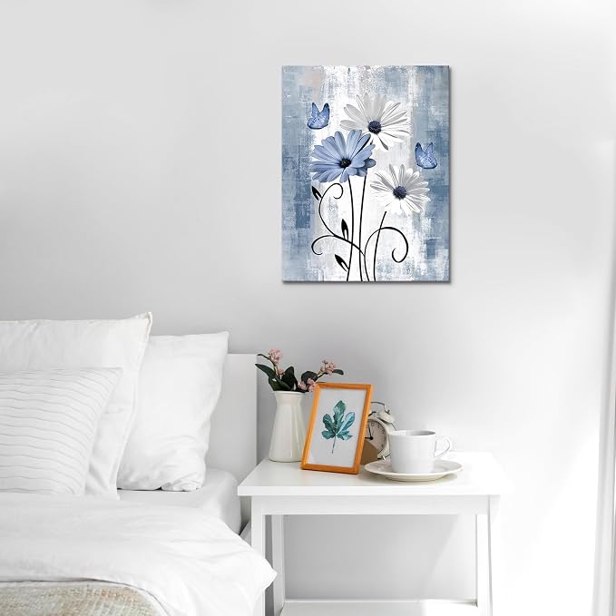 MYUSRE Blue and White Flower Wall Art for Bathroom, Farmhouse Daisy and Butterfly Paintings Rustic Wildflower Nature Plant Framed Canvas Wall Art for Living Room Bedroom Wall Decor, 24L X 16W inches