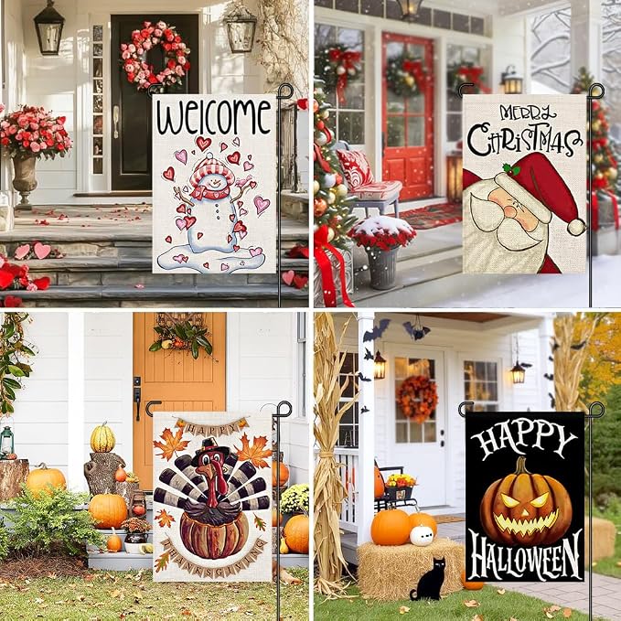 12 Pack Seasonal Garden Flags Set 12x18 Double Sided Burlap, Small Yard Flags for Outside All Seasons, Holiday Outdoor Decorations for Christmas Fall Thanksgiving 4th of July Patriotic Spring Summer