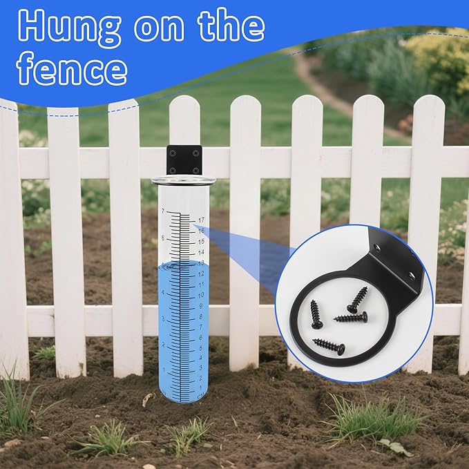 TBWHL 7" Capacity Rain Gauge Replacement Tube Glass with Stainless Steel Rack Holder, Decorative Rain Gauge Outdoor Measure Gauge for Yard Garden Fence Lawn Farm