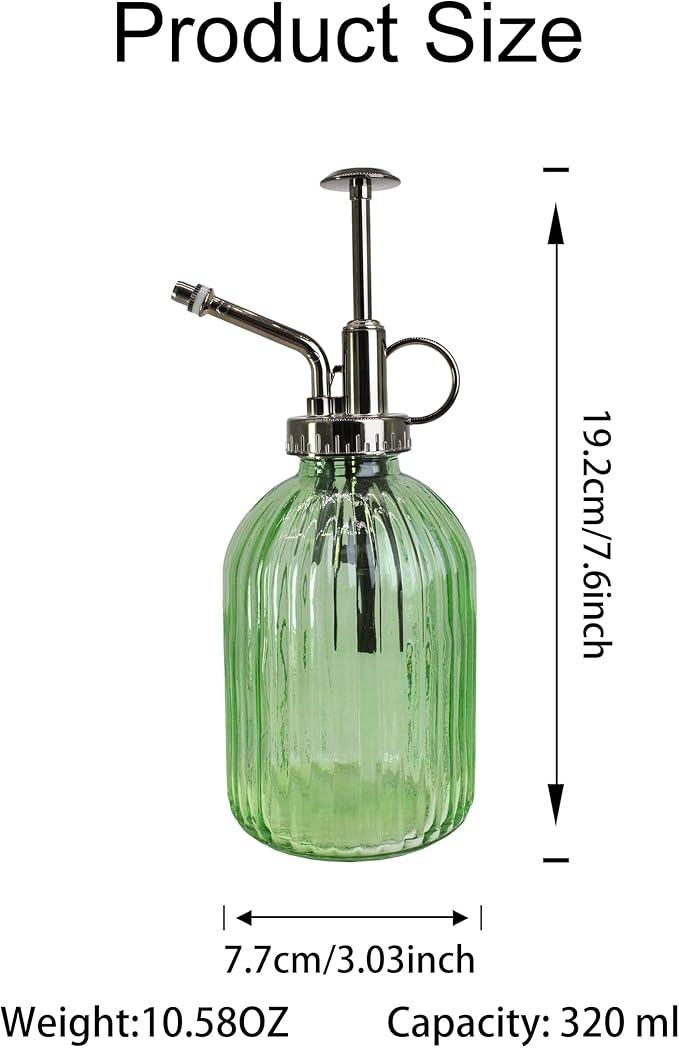 Glass Plant Mister Spray Bottle, 320ML Vintage Plant Spritzer with Top Pump Watering Can for Indoor Outdoor House Plants, Flowers (Green)