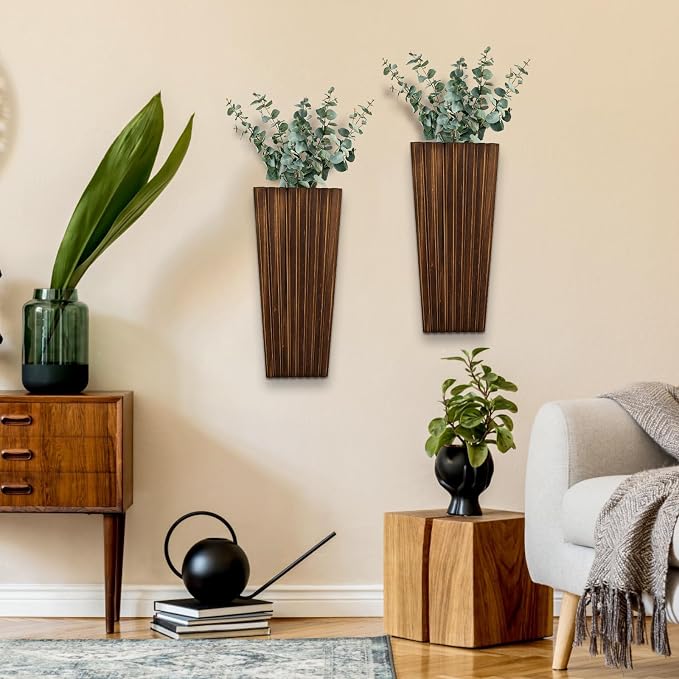 2PCS Wood Wall Planter for Indoor Plants, Wooden Hanging Planter for Dried Flowers and Artificial Greenery Plants, Modern Farmhouse Wood Wall Decor for Living Room,Bedroom,Bathroom(Dark Brown)