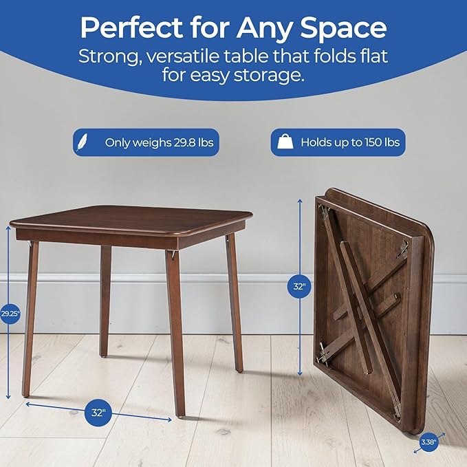 Stakmore Classic Straight Edge Square Folding Card Table 32x32 - No Assembly Wooden Foldable Card Table, Bridge, Board Game, Steel Mechanism, Folding Legs, Space-Saving, Walnut Frame