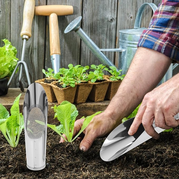 BESTonZON 2Pcs Small Soil Scoop and Sifter Set, Stainless Steel Bucket Shovel Bonsai Tools for Indoor Plants, Dirt Scooper Potting Spade for Succulent