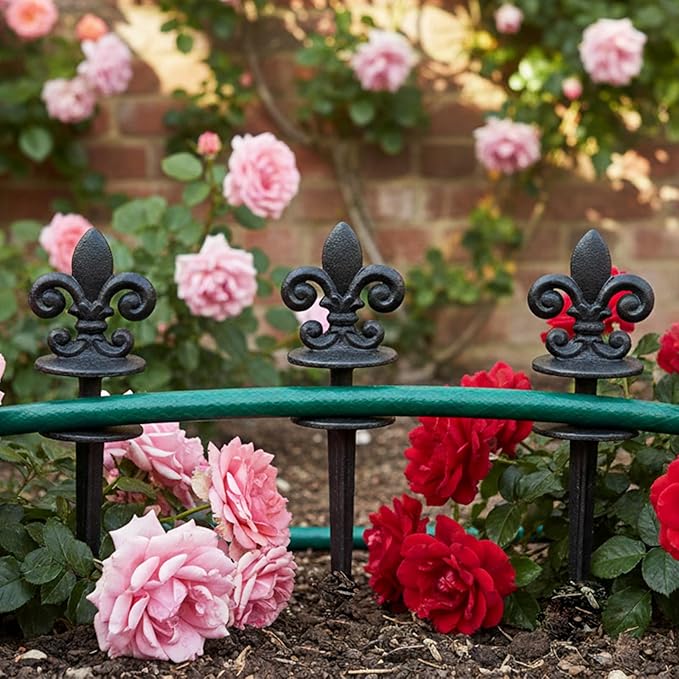 Black Metal Hose Guide Stakes, Cast Iron Fleur de Lis Decorative Garden Hose Guide Spikes for Lawn Protection, Set of 3
