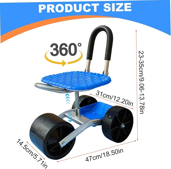 Garden Seat with Wheels, 360° Swivel Height Adjustable Rolling Garden Stool, Heavy Duty Gardening Seat with Foldable Backrest and Storage Basket, Garden Scooter for Yard and Patio Work