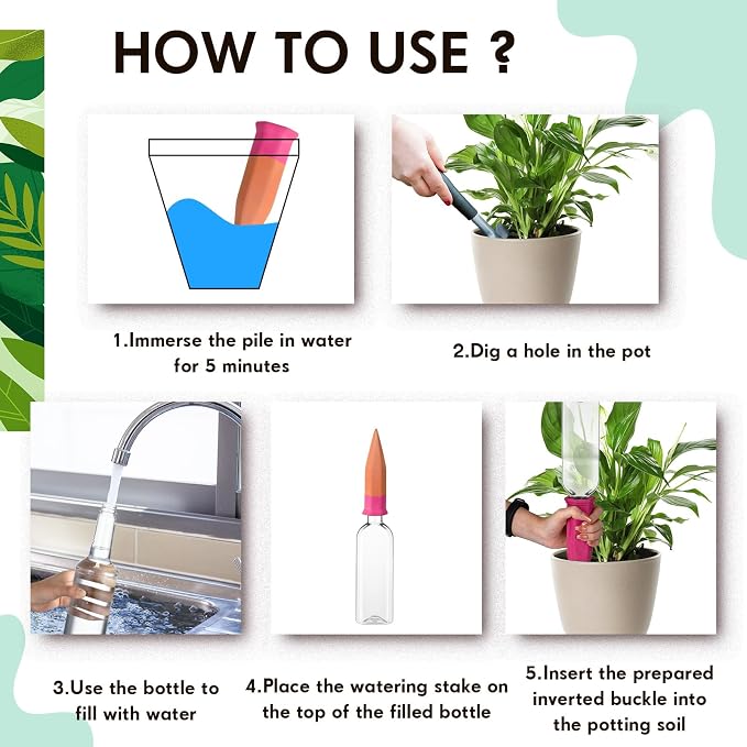 Ziliny 6 Sets Plant Watering Devices 6 Pcs Self Watering Spikes 6 Pcs 25 oz Plastic Bottles Slow Release Automatic Waterer Empty Liquor Bottles Terracotta Spikes for Vacation Plant (Pink)