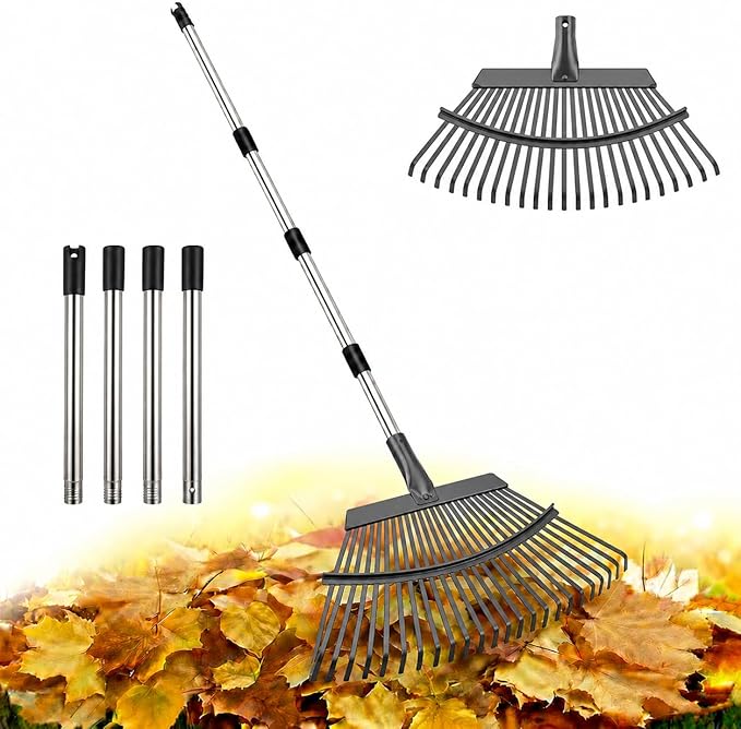 Garden Rake for Leaves, 20 Inch Ultra Wide Heavy Duty Metal Leaf Rake, 40-68 Adjustable Long Handle Yard Lawn Rake with 25 Tines for Grass Pine Needles Debris, for Kids and Adults