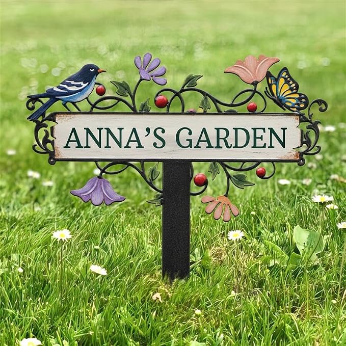Personalized Metal Yard Sign, Custom Metal Stake Decor, Bird, Butterfly & Flower Design, Gift for Garden Lovers, Garden Decor (Bird, Butterfly & Flower)