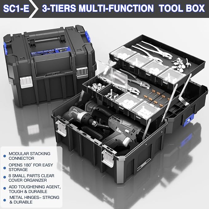 5 Tier Stackable Tool Box with Wheels,Rolling Tool Box with Drawers,Modular Tools Organizer,Portable Tool Box with Transparent Parts Box,Large Capacity Toolbox,for Garage Storage,Home and Repair Shop