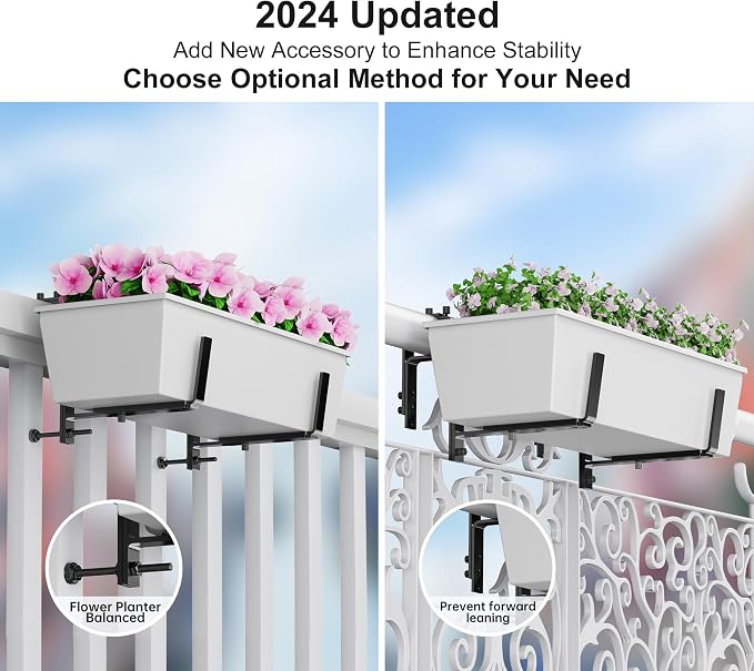 Y&M 2 Pcs Deck Railing Adjustable Planter Box Brackets (6 to 12.5 in), Universal Heavy Duty Iron Flower Box Brackets Wall Mounting Hooks for Fences, Patio, and Garden - Black (Patent Registered)