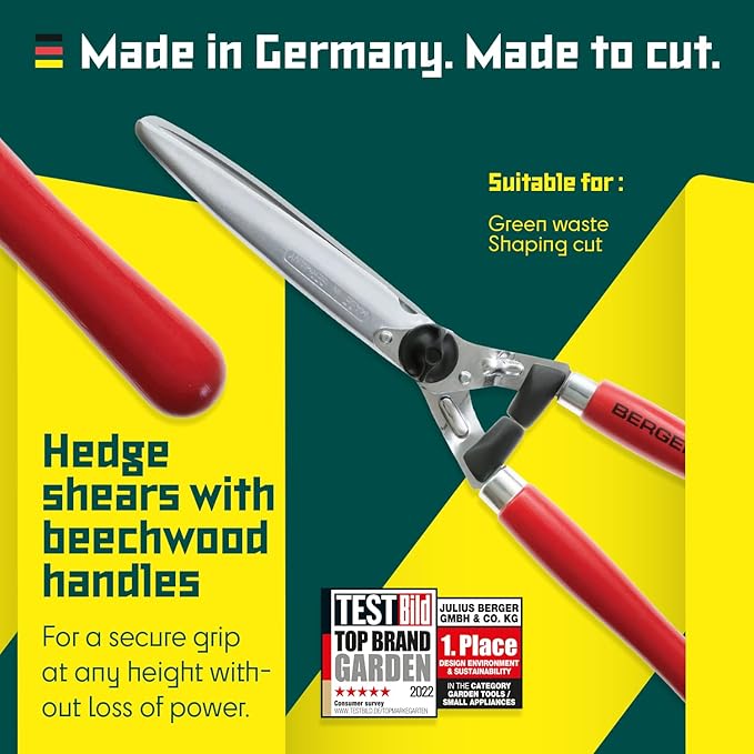 BERGER Hedge Shears – Professional 23.6" Garden Clippers with Self-Sharpening Chrome-Plated Steel Blades, 9.25" Cutting Length, Beechwood Handles – 4490
