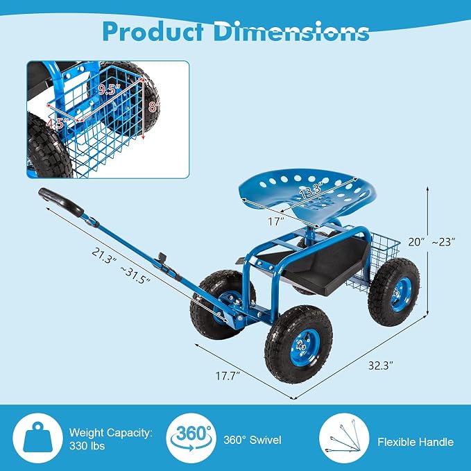 J-Sun-7 Garden Cart with Seat - Rolling Garden Scooter, Steel Stool with Wheels, 360 Degree Swivel Work Seat, Adjustable Handle, Tool Tray, Basket, Gardening Stools for Seniors, Blue