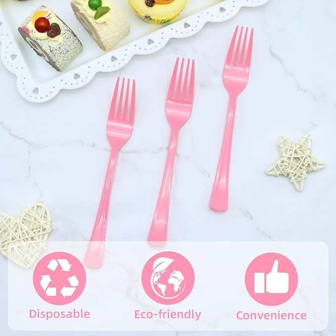 50 Pcs Light Pink Plastic Forks, Pink Plastic Silverware Heavy Duty, Disposable Cutlery Set for Brithday, Wedding, Baby Shower, Bridal Showe, Garden Party