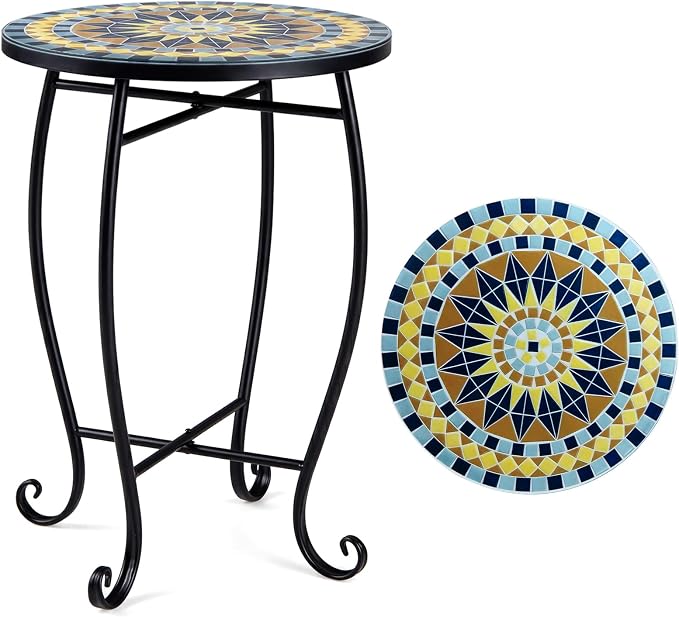 Giantex Outdoor Side Table, Bright Sunflower Mosaic Patio Accent Table, 14" Coffee End Table, Indoor Outdoor Metal Plant Stand for Porch Garden Balcony Desk
