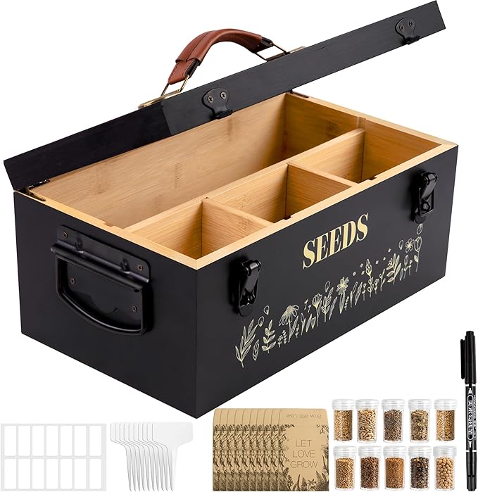 Large Seed Storage Organizer Box with Handle, Bamboo Wood Seed Packet Storage, Seed Holder Organizer, Seed Saving Box with Safety Lock, Seed Envelopes and Labels, Great Gifts for Gardener