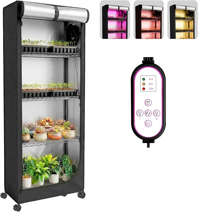 Indoor Greenhouse with Grow Light - 5 Tier DIY Plant Shelf with Cover, 4 Pack 48W Full Spectrum Grow Lights with Timer & 3 Color Mode for Indoor Plants, Seed Starting, Seed Tray 22x11.8x61 Inches