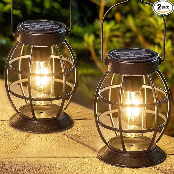LeiDrail Solar Lanterns Outdoor 2 Pack, Hanging Waterproof Metal Lantern Dual LED Warm White, Auto On/Off Garden Patio Yard Porch Pathway Table Decor, Solar Powered Gift for Women