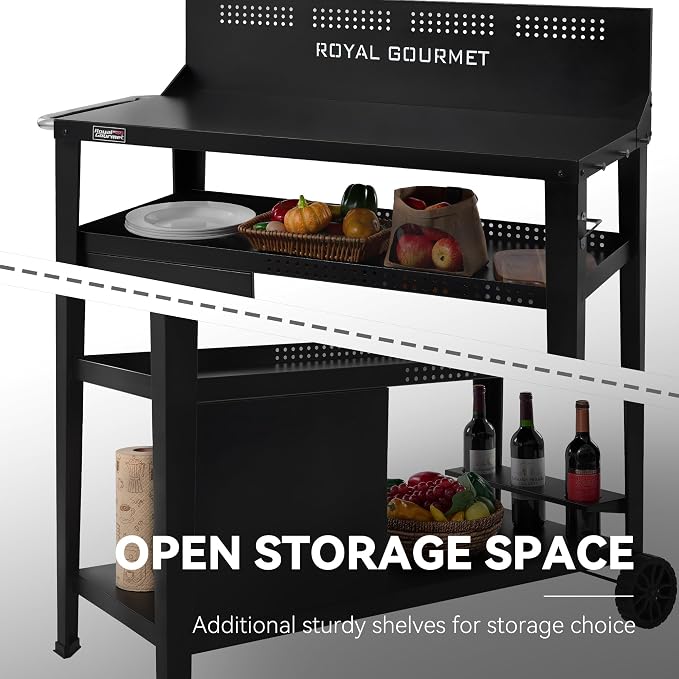 Royal Gourmet PC4401B 3-Tier Dining Cart with Wind Guard, Sturdy Structure and Ample Storage Shelves, for Indoor & Outdoor use，with Bottle Opener, Hooks, Wine Rack, Multifunctional Side Handle, Black