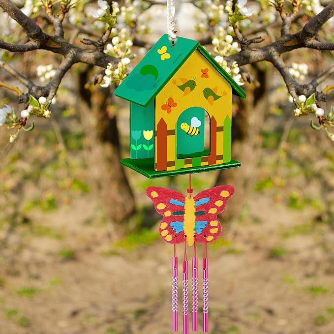 Feifeiya 24 Sets DIY Birdhouse Wind Chime Kit Build and Paint Birdhouses Wooden Arts 24 Unfinished Wooden Bird House 24 Wind Chime 38 Butterfly Sticker 24 Watercolor Arts for Activity(Elegant)
