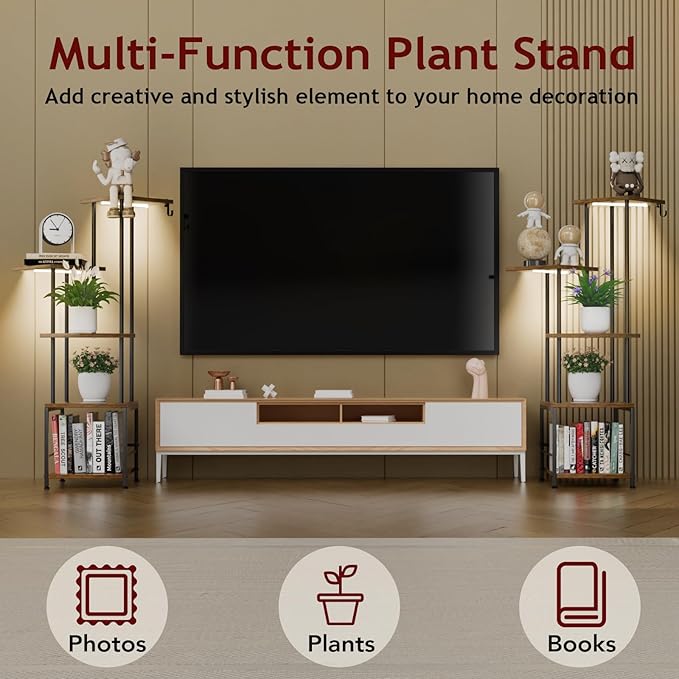 Homsorout Plant Stand Indoor with Grow Light - 5-Tier Metal Plant Shelf with Hanging Basket Hook, Corner Tall Flower Holder for Multiple Plants, Living Room Balcony Garden Patio, Rustic