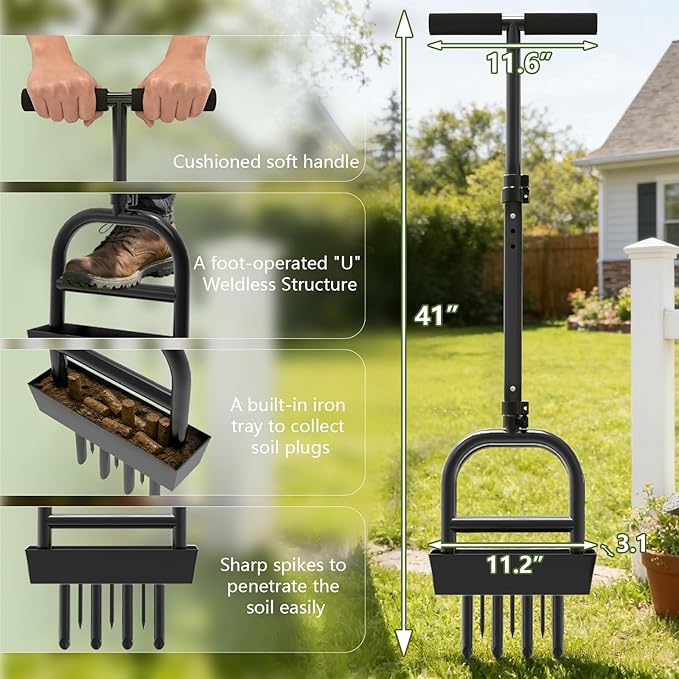 Lawn Aerator Tool with 4 Hollow Tines & 3 Spike Tines, Aerator Lawn Tool with Soil Core Storage Tray, Grass Aerator for Yard Aerator, Manual Lawn Core Aerator & Yard Aerator Garden Tool