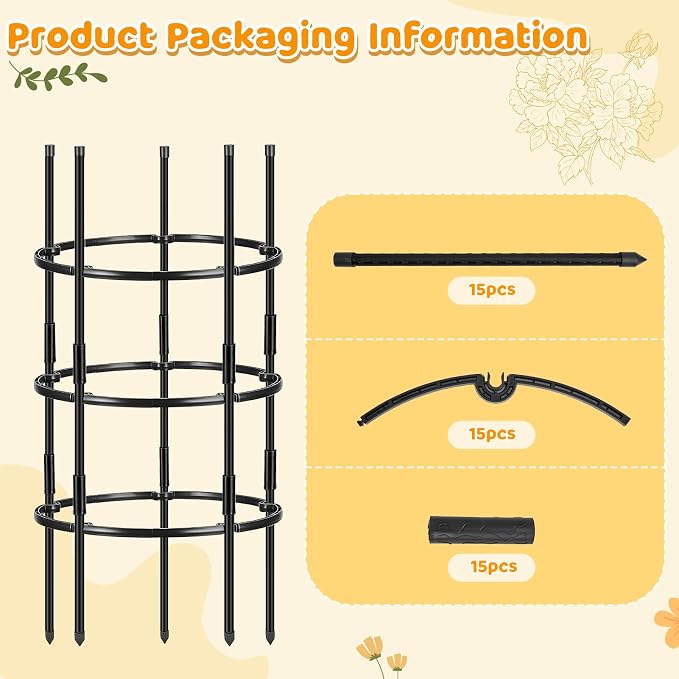 2PCS 19.5" D x 39" H Peony Plant Support Cage, 3 Tier Stackable Plant Support Ring, Metal Core with PVC Coated Stakes, Garden Plant Support for Peonies Tomatoes and Climbing Plants