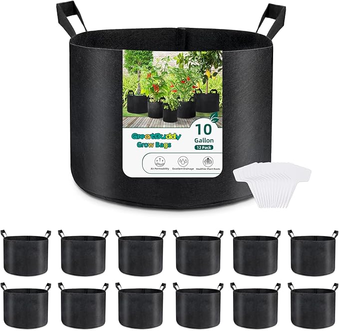 GreatBuddy Grow Bags 10 Gallon 12-Pack, Heavy Duty Fabric Grow Bags with Handles for Vegetables, Herbs, and Tomatoes, Fabric Pots & Planting Bags for Outdoor Home Gardening