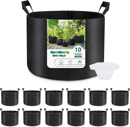 GreatBuddy Grow Bags 10 Gallon 12-Pack, Heavy Duty Fabric Grow Bags with Handles for Vegetables, Herbs, and Tomatoes, Fabric Pots & Planting Bags for Outdoor Home Gardening