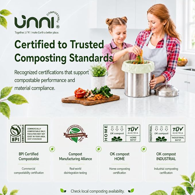 UNNI Compostable Trash Bags, 4 Gallon / 15 Liter, 100 Count, Extra Thick 0.75 mil Small Kitchen Food Scrap Bin Liners, Certified by BPI, CMA & OK compost HOME, Meets the ASTM D6400 Standard